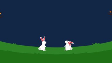 Karanlık gökyüzünde dolunay görünen bir çift tavşan..