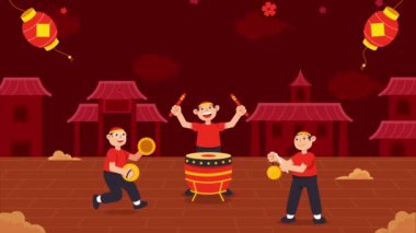 Geleneksel Çinli müzisyenler aslan dansı gösterisi için enstrüman çalıyorlar. Çince yeni yıl teması için uygun.