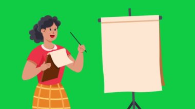 Sınıfta genç bayan öğretmen ve krom anahtar olarak yeşil ekran.