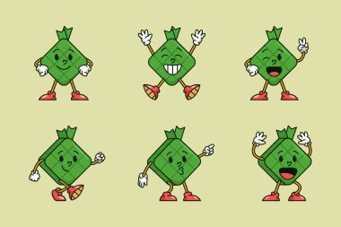 Hindistan cevizi yapraklarını saran buharlı pirinç çizgi film karakteri seti.