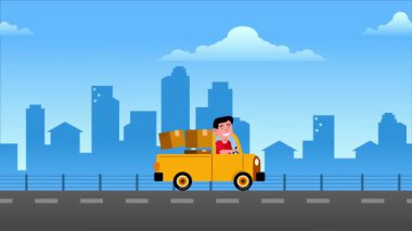 Lojistik araç şehir cephesi boyunca paket gönderiyor.