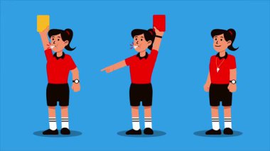 Kadın futbol hakemi ıslık çalıyor ve ceza kartı gösteriyor..
