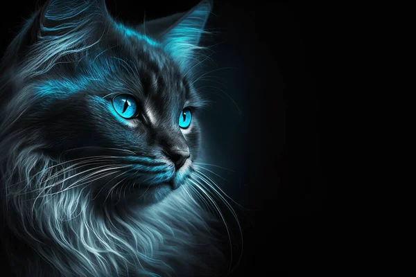 Beautiful portrait of a black and blue cat with blue eyes on a black background