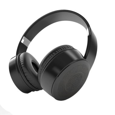 Yapay zekanın yarattığı beyaz arka planda siyah kulaklıklı bir resim..