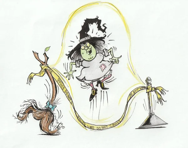 Halloween Cartoon Katrin Witch Jumps Rope — Stock Photo, Image