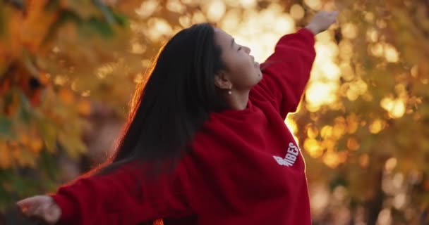 Азійська Жінка Крутиться Піднятими Руками Осінньому Парку Повільно Рухаючись — стокове відео