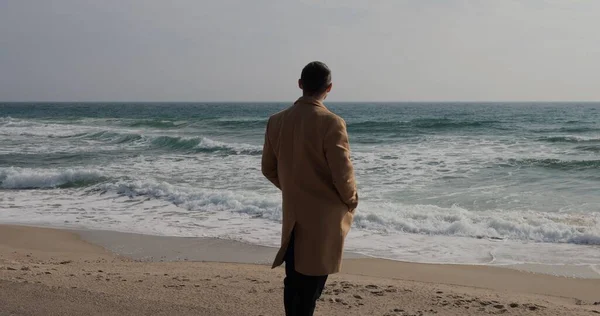 Unrecognizable Man Coat Looking Sea Standing Coastline Back View — Stock Photo, Image