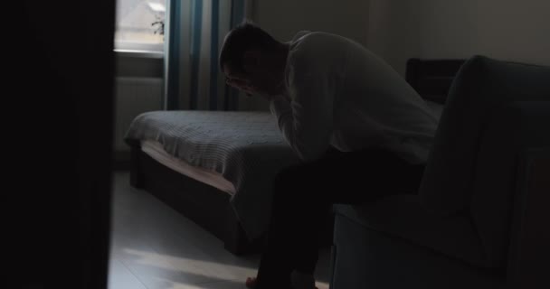 Depressed Nervous Man Sitting Home Alone — Stock Video