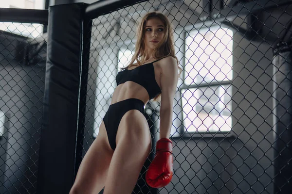 Mulher Sexy Boxer Sutiã Calcinha Posando Clube Caixa — Fotografia de Stock
