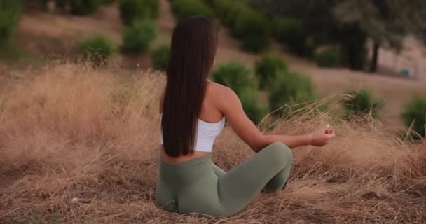 Sportlerin Praktiziert Yoga Bei Lotus Pose Auf Einem Hügel Über — Stockvideo