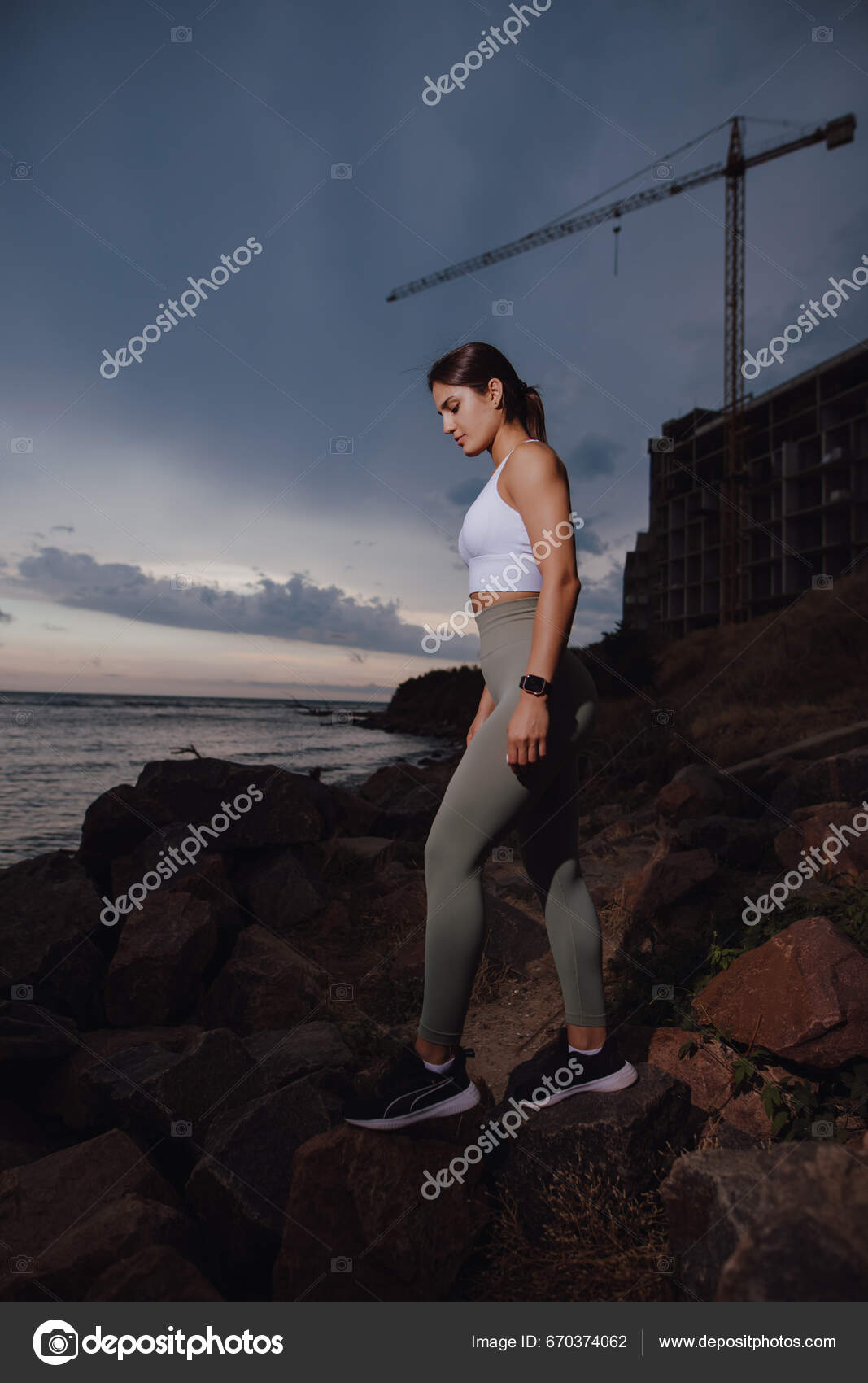 Portrait Sport Woman Standing Stones Overcast Cloudy Day Dramatic View  Stock Photo by ©antgor90 670374062
