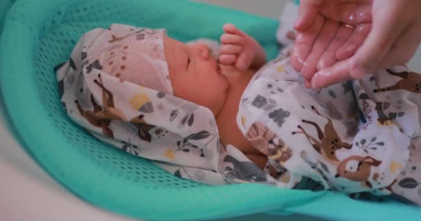 Милый Новорожденный Ребенок Купается Водой Тканью — стоковое видео
