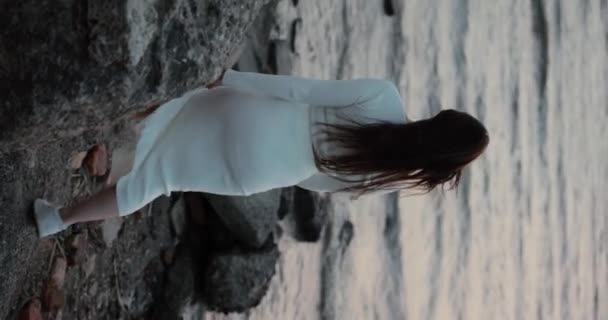 Tanımlanamayan Bir Kadın Akşamları Denize Bakıyor Geriye Bakıyor Dikey Videolar — Stok video