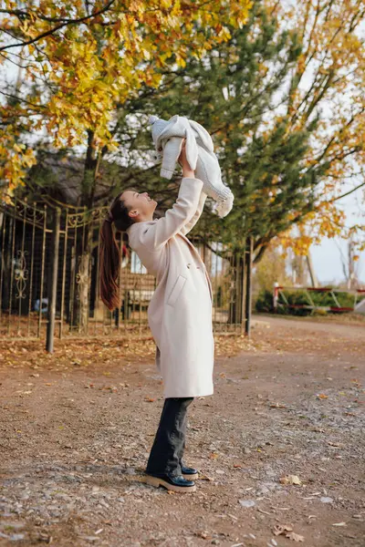 Nuori Äiti Heittää Hänen Pieni Poikansa Syksyllä Puistossa kuvapankin valokuva