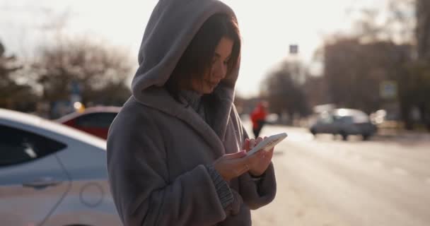 冬の都市で携帯電話を使用して毛皮コートの女性 — ストック動画