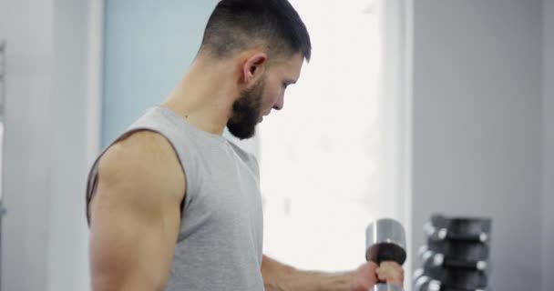 Hombre Entrenando Bíceps Con Pesas Gimnasio — Vídeo de stock