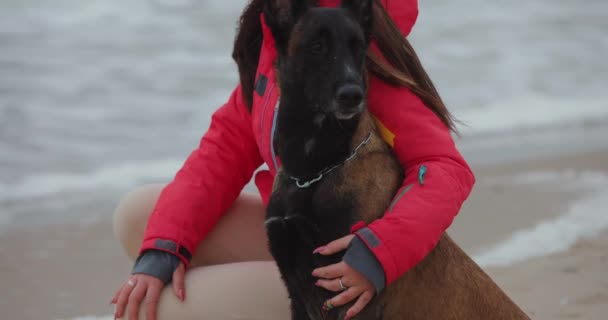 Una Mujer Con Perro Sentado Playa Del Mar Cámara Lenta — Vídeo de stock