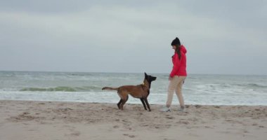 Köpeğiyle deniz sahilinde oynaşan bir kadın, ağır çekimde.