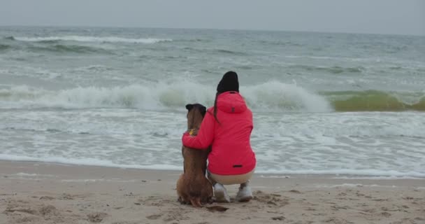 Žena Psem Sedícím Mořské Pláži Zpomalený Pohyb — Stock video
