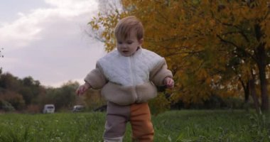 Yavaş çekim, küçük mutlu çocuk sonbahar parkında doğada yürüyor.