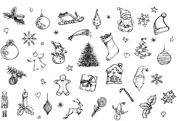 Ícone Natal Decoração Conjunto Desenhado Mão Livre —  Vetores de Stock