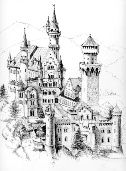 Neuschwanstein German Castle Freehand Drawn Ballpoint Pen — Stock Vector