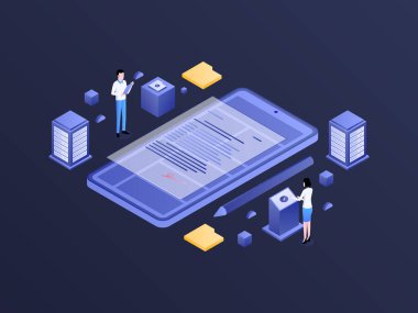 Dijital İmza Isometric Dark Gradient Illustration. Mobil Uygulama, Web Sitesi, Banner, Diyagramlar, Bilgi Grafikleri ve Diğer Grafiksel Varlıklar İçin Uygun.