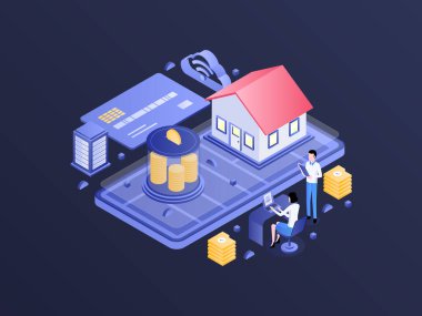 Aile Yatırımı Isometric Dark Gradient Illustration. Mobil Uygulama, Web Sitesi, Banner, Diyagramlar, Bilgi Grafikleri ve Diğer Grafiksel Varlıklar İçin Uygun.