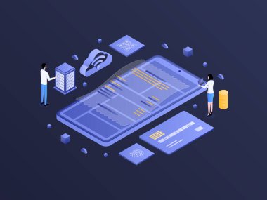 Satış Sistemi Isometric Dark Gradient Illustration. Mobil Uygulama, Web Sitesi, Banner, Diyagramlar, Bilgi Grafikleri ve Diğer Grafiksel Varlıklar İçin Uygun.