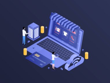 Çevrimiçi Alışveriş Isometric Dark Gradient Illustration. Mobil Uygulama, Web Sitesi, Banner, Diyagramlar, Bilgi Grafikleri ve Diğer Grafiksel Varlıklar İçin Uygun.