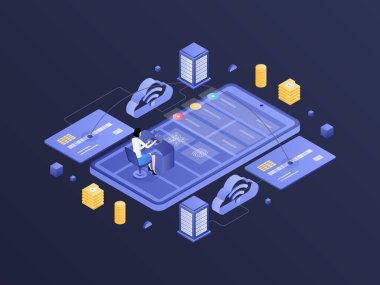Mobil Transfer Isometric Dark Gradient Illustration. Mobil Uygulama, Web Sitesi, Banner, Diyagramlar, Bilgi Grafikleri ve Diğer Grafiksel Varlıklar İçin Uygun.