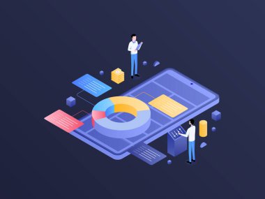 Finansal Planlama Isometric Dark Gradient Illustration. Mobil Uygulama, Web Sitesi, Banner, Diyagramlar, Bilgi Grafikleri ve Diğer Grafiksel Varlıklar İçin Uygun.