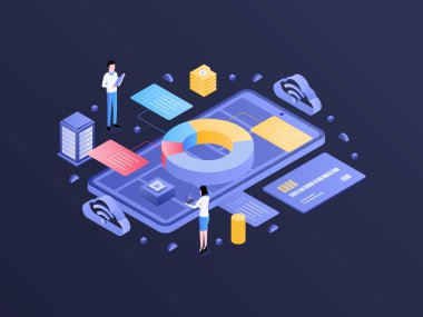 Muhasebe Yönetimi Isometric Dark Gradient Illustration. Mobil Uygulama, Web Sitesi, Banner, Diyagramlar, Bilgi Grafikleri ve Diğer Grafiksel Varlıklar İçin Uygun.