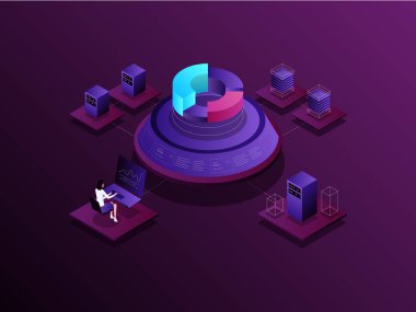 Veri Analizi Isometric Illustration Dark Gradient. Mobil Uygulama, Web Sitesi, Banner, Diyagramlar, Sunum ve Diğer Grafik Varlıkları İçin Uygun.