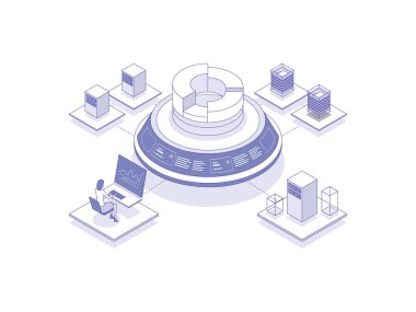 Veri Analizi Isometric Illustration Lineal Color. Mobil Uygulama, Web Sitesi, Banner, Diyagramlar, Sunum ve Diğer Grafik Varlıkları İçin Uygun.