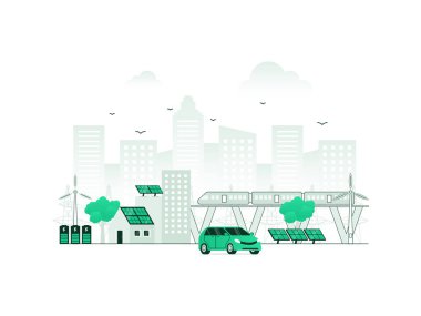 Yeşil altyapı planlaması ile sürdürülebilir şehir gücü. Karbondioksitsiz rüzgar türbinlerinin alternatif elektriği. Minimalist renklere sahip ekolojik kentsel organizasyonun vektör illüstrasyonu. 