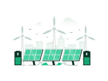 Yenilenebilir enerji ve güneş panelleri ve rüzgar türbinleriyle yenilenebilir elektrik santrali. Yenilenebilir kaynaklardan gelen temiz elektrik enerjisi güneş ve rüzgar. Minimalist renkte vektör illüstrasyonu.