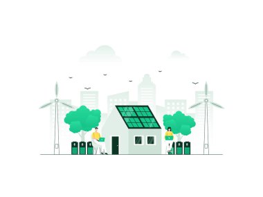 Bağımsız güç kaynağı olan bir ev. Güneş panelleri ve rüzgar türbinlerinden gelen yeşil ve yenilenebilir enerji. Minimalist renkte vektör illüstrasyonu.