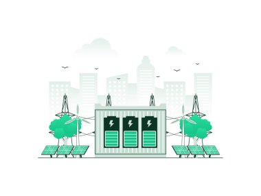 Yenilenebilir enerji kaynaklarına sahip akıllı güç şebekesi sistemi. Güneş panelleri, rüzgar türbinleri, pil deposu, elektrik iletim şebekesi dahil. Minimalist renkte vektör illüstrasyonu.