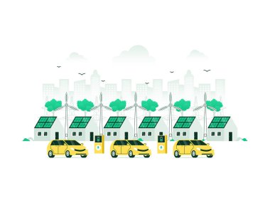 Güneş ve rüzgar enerjisiyle çalışan konut ve ticari binaları olan akıllı ve sürdürülebilir bir çevre şehri. Pil depolama güvenilir enerji sağlar. Minimalist renkte vektör illüstrasyonu.