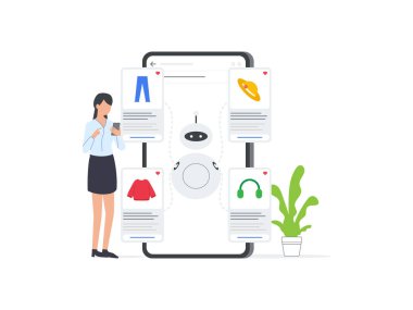 AI robotunun düz vektör illüstrasyonu, yapay zeka algoritmalarına dayanan kişiselleştirilmiş öneriler sunarak, mobil e-ticaret platformunda ürün seçiminde kadınlara yardımcı olmaktadır..