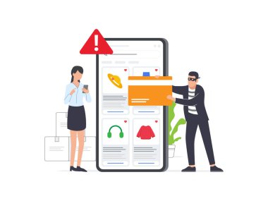 Siber suçlular kredi kartı ve finansal veri için bir kadının online alışverişini hedef alıyorlar. Bilgisayar korsanlığı, sahtekarlık, dolandırıcılık, kötü amaçlı yazılım ve finansal güvenlik riskleri gibi dijital tehditler.