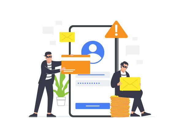 Киберпреступники занимаются фишингом, чтобы украсть личную информацию: личные данные, учетные данные, пароли, банковские документы и данные кредитных карт. Плоская иллюстрация киберпреступников.