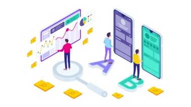 Isometric AB Test Yöntemi Modern Hareket Grafik Animasyonu. Tiny People AB Testi için dizüstü bilgisayar ve telefon kullanıyor.