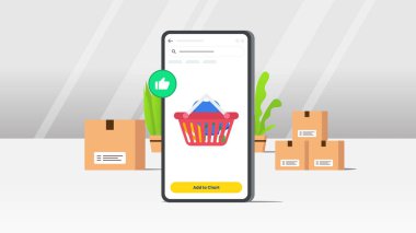 Mobil e-ticaret uygulamasının grafiksel görselleştirmesine ekle. Beyaz gri arkaplan ile vektör illüstrasyonu.