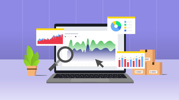 Концепция E Commerce Market Performance Illustration. Статистический анализ и анализ данных для инвестиционной концепции финансирования бизнеса. Векторная иллюстрация на фиолетовом фоне