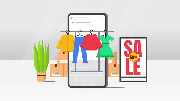 Commerce Verkaufsvektorillustration Commerce Mobile App Mit Hängender Kleidung Und Weißgrauem lizenzfreie Stockvektoren