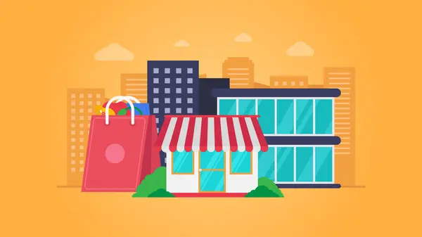 Commerce Marktvektorillustration Mit Orangefarbener Hintergrundfarbe Gebäude Und Einkaufstasche Stockvektor