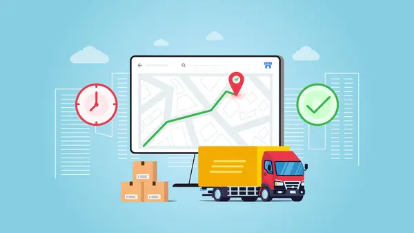 Rendeljen Csomagot Kereskedelemben Szállítási Csomag Teherautóval Tracking Futár Térkép Webes Stock Vektor
