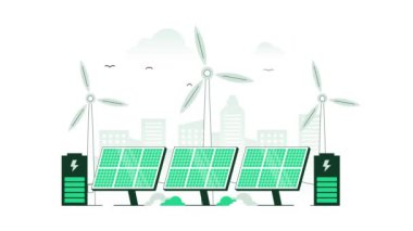Yenilenebilir enerji ve güneş panelleri ve rüzgar türbinleriyle yenilenebilir elektrik santrali. Yenilenebilir kaynaklardan gelen temiz elektrik enerjisi güneş ve rüzgar. Minimalist renk ile hareketli grafik canlandırma.